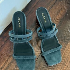 ALOHAS Blue Suede Double Strap Heels